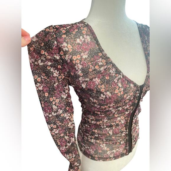 Anthropologie Sheer Mesh Purple Floral Dainty Ditzy Print Ruched Blouse- Xs - Picture 4 of 11